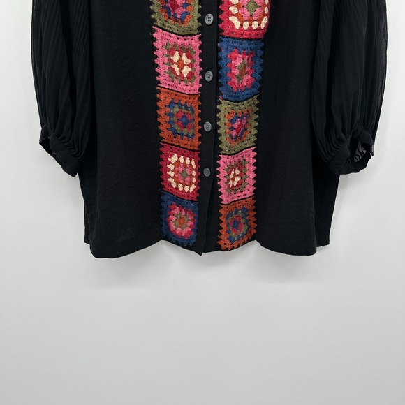 John Mark Top Shirt Size XL Petite Granny Square Crochet Artsy Boho Grunge Indie - Picture 5 of 12